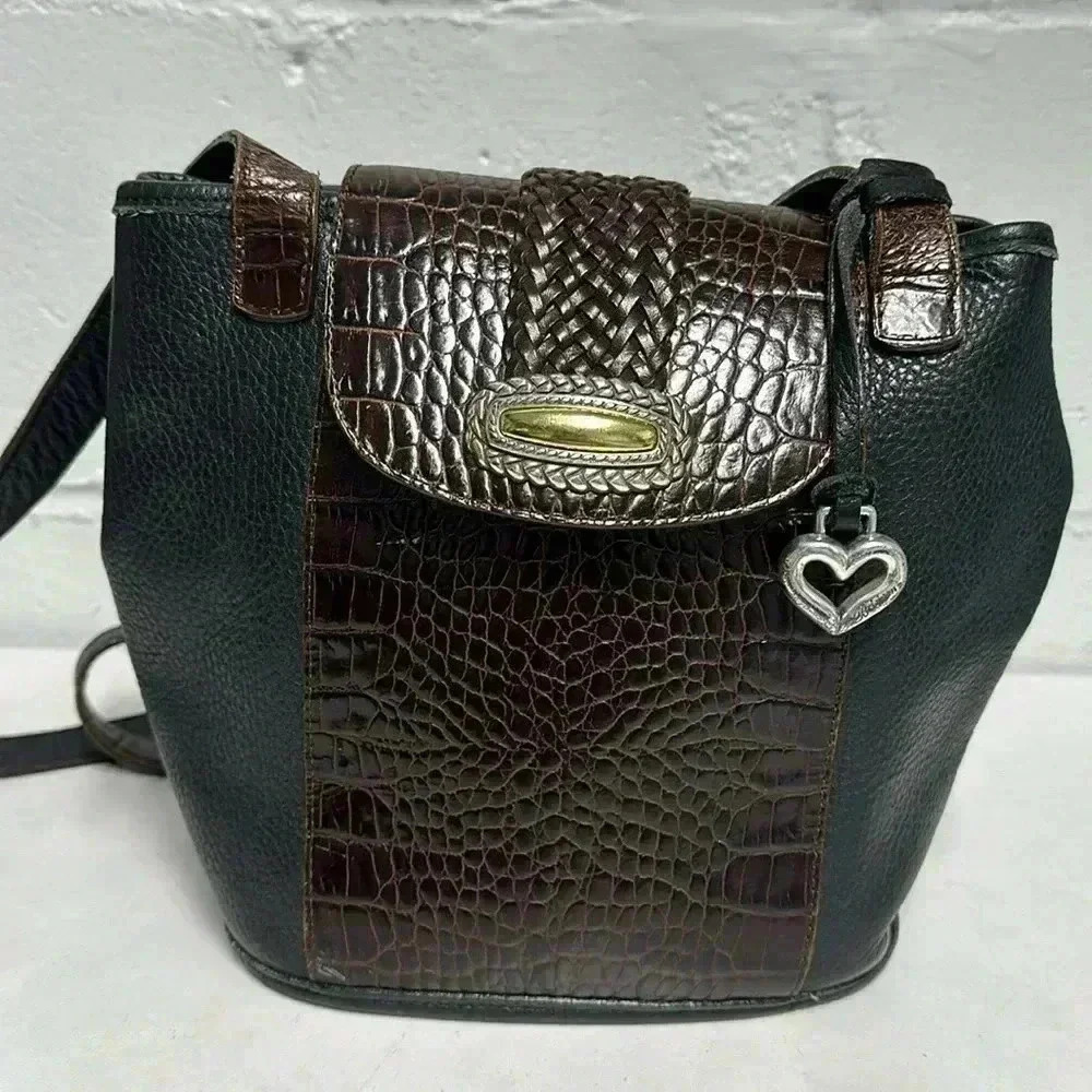 Brighton pebble, black leather with brown alligator embossed double strap bag